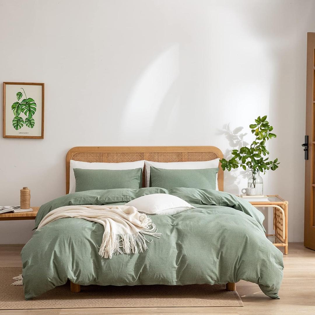 Green Duvet Cover King, 100% Washed Cotton Linen Like Textured 3 Pieces Bedding Set, Solid Color Simple Style Duvet Cover, Luxury Relaxed Feel Natural Wrinkled Breathable Soft Comfy (Green, King)