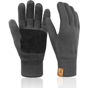 MIG4U Mens Warm Winter Wool Gloves Knit, Thermal Insulated Fleece Lined Glove with Leather Palm (Gray)