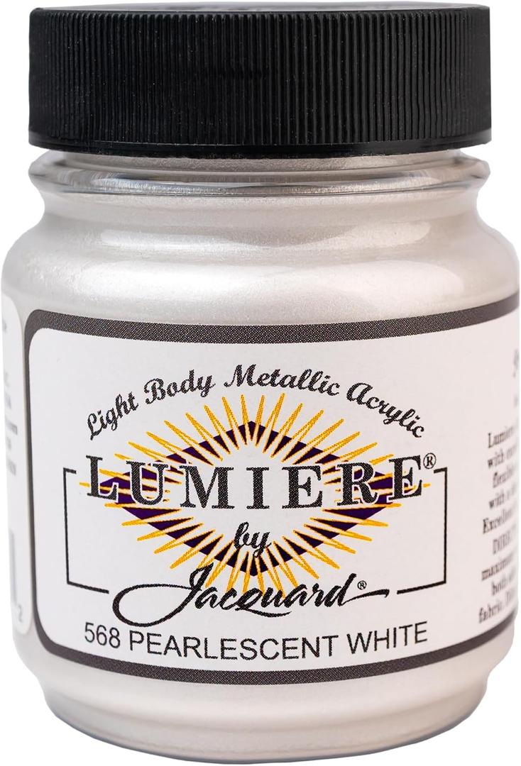 Jacquard Lumiere 2.25oz Fabric Paint Pearlescent White - Metallic Paint for Fabric, Leather, Canvas, Paper and Wood - Light-bodied Metallic Acrylic Paint - Lightfast & Vibrant Metallic Acrylic Paints