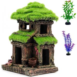 AWXZOM Fish House - Aquarium Decoration with Lifelike Moss, Comes with 2x Artificial Plants