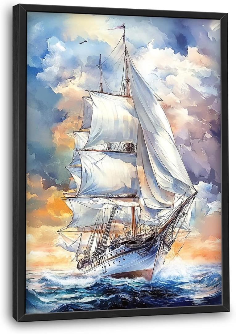 Lovira Nautical Sailboat Ship Large Wall Art Sailing Ocean Coastal Canvas Wall Decor Pictures Prints Painting Framed Vertical Artwork for Living Room Bedroom Bathroom Kitchen Office 24"x36"