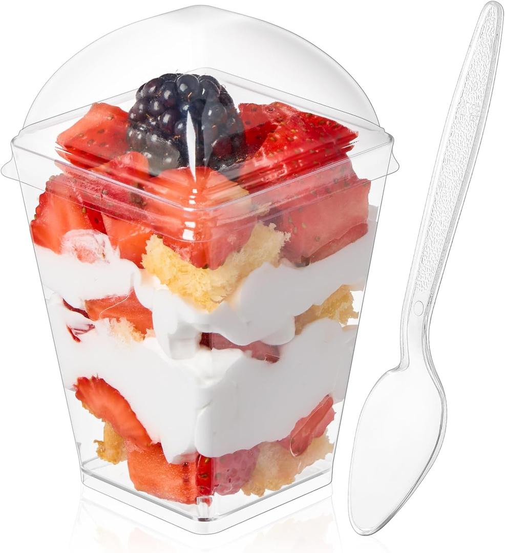 5oz Plastic Dessert Cups with Dome Lids and Spoons, 50 Pack Mini Clear Parfait Cups Square Party Serving Cup for Pudding, Appetizer, Fruit and Ice Cream