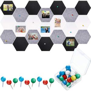 21 Pieces Pin Board Hexagon Felt Board Tiles Bulletin Board Memo Board Notice Board with 40 Pieces Push Pins for Home Office Classroom Wall Decor 5.9 x 7 Inches/ 15 x 17.7 cm (Black, White, Grey)