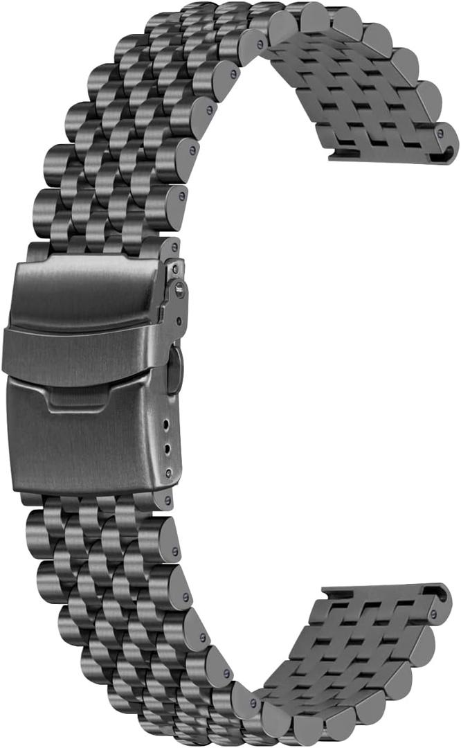 Polished Metal Watch Band for Men Women, 20mm 22mm Quick Release 3D 7 Beads Stainless Steel Watch Bands Strap Classic Replacement Bracelet with Double Locks Silver (Matte Black)