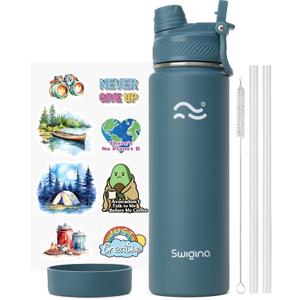 [2-IN-1 LID] Insulated Water Bottle with Silicone Boot (36hrs Cold/18hrs Hot) - DIY Stickers, Leakproof, BPA Free, 24 oz (Cyan)