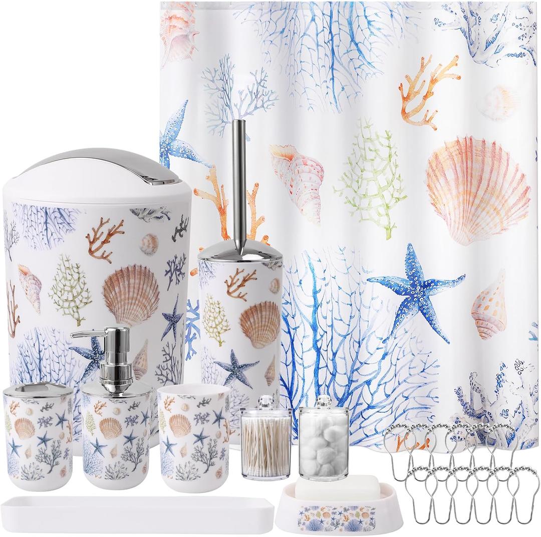 Bathroom Accessories Set Complete with Sea Shower Curtain,10 Piece Bathroom Sets with Toothbrush Holder,Toothbrush Cup,Lotion Soap Dispenser,Soap Dish,Toilet Brush,Trash Can,Qtip Holder