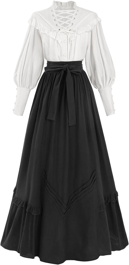 LTAKK Victorian Dress for Women Edwardian Renaissance Costume Medieval Vintage 1800s Dresses 2 Piece (X-Large, Black)