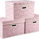PRANDOM Collapsible Storage Boxes with Lids Fabric Decorative Storage Bins Cubes Organizer Containers Baskets with Cover Handles Divider for Bedroom Closet Living Room 14.9x9.8x9.8 Inch 3 Pack (Pink)
