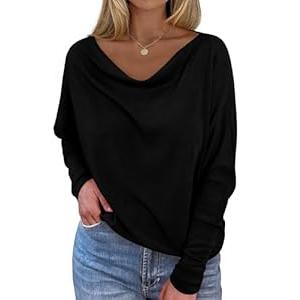 Okiwam Women's Fall Tops Cowl Neck Long Batwing Sleeve Shirts Oversized Tunic Dressy Casual Blouses 2026 Fashion Clothes-XS Black