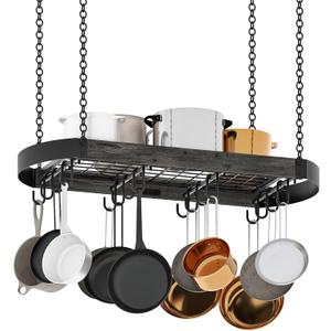 CHOEZON 31.7-Inch Hanging Pot Rack, Space-Saving Pot Hanger for Kitchen, Ceiling Pan Hanging Rack with 16 Detachable S Hooks, Sturdy Metal Frame, Industrial Style, Charcoal Black and Black TPR09BC