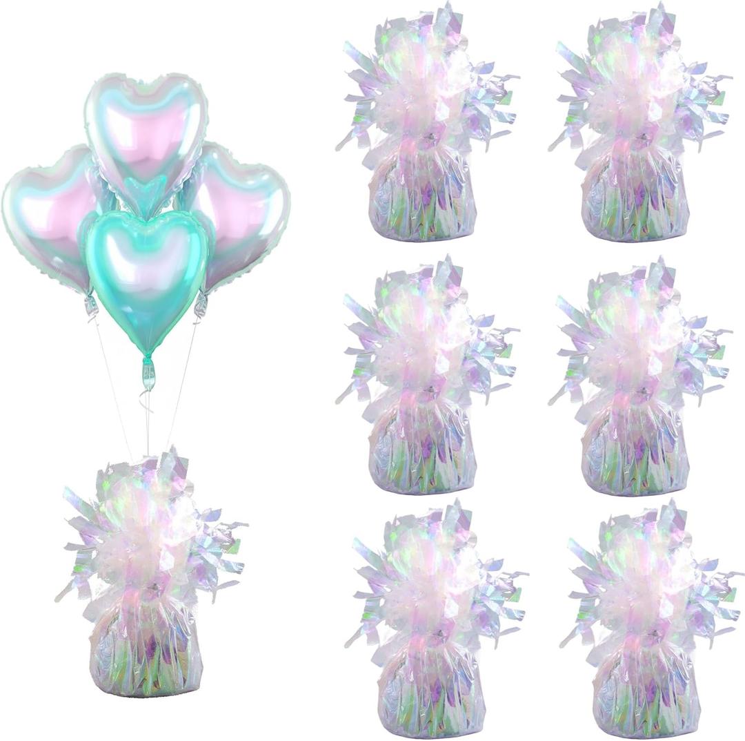 Aluminum Foil Balloon Weights for Parties (6 pcs) - 0.31lb (140g) Each - Premium Balloon Anchors for Birthday, Wedding, Dinner, Indoor & Outdoor Decorations(Lridescent 6pcs)