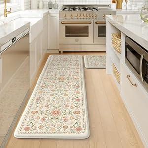 KIMODE Cushioned Kitchen Floor Mats Cushioned Anti Fatigue, Farmhouse Boho Floral Kitchen Runner Rug 2 Piece, Long Memory Foam Standing Carpet for Laundry Sink Office, Beige