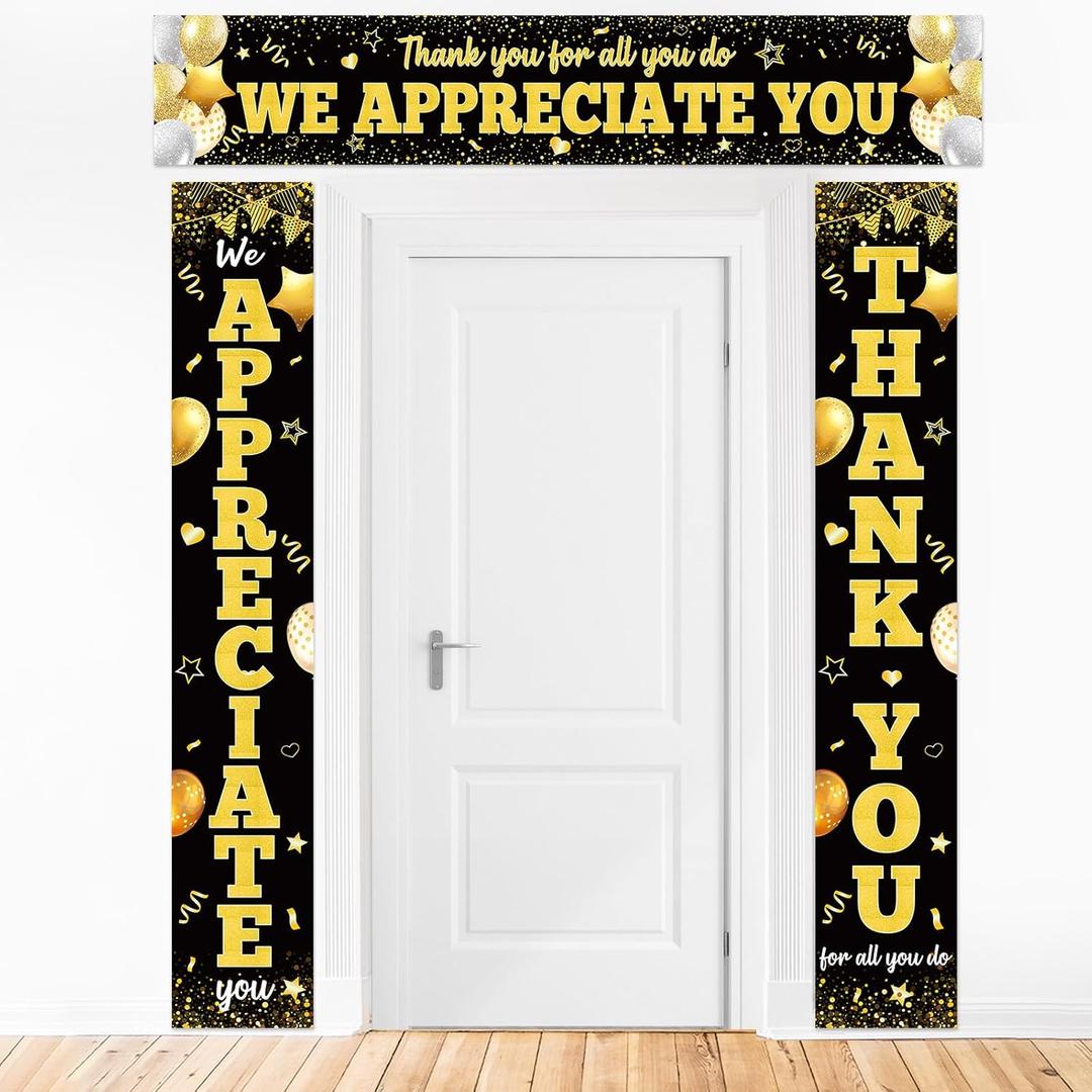 CHUNNIN 3Pcs Black Gold We Appreciate You Porch Sign Banner Thank You Party Decorations for Employee Appreciation Hanging Backdrop Work Anniversary Photo Booth Prop for Party Supplies Staff Teacher