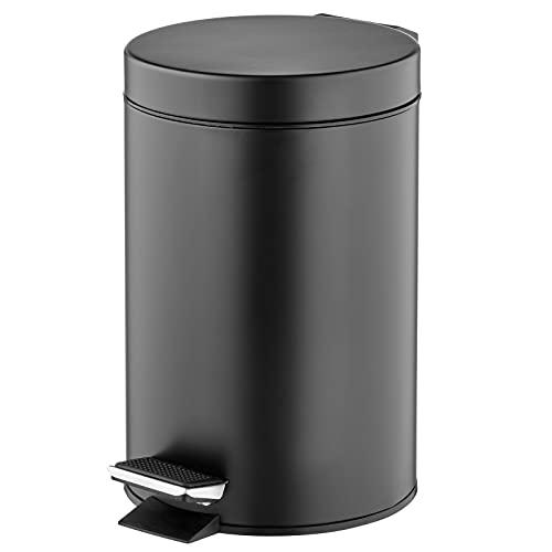 mDesign Pedal Bin — Metal Waste Bin with Pedal, Lid and Plastic Bucket Insert — for Bathroom, Kitchen, and Office — 5 Litre Household Rubbish Bin with Ergonomic Design — Black