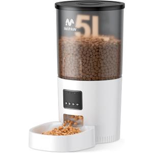 IMIPAW Automatic Cat Feeder, 5L Pet Dry Food Dispenser with Timed Programmable Portion Control, Dual Power Backup, with Desiccant Bag, 1-10 Meals, Easy Set Up, 10 Meals Per Day for Cats and Puppies (White)