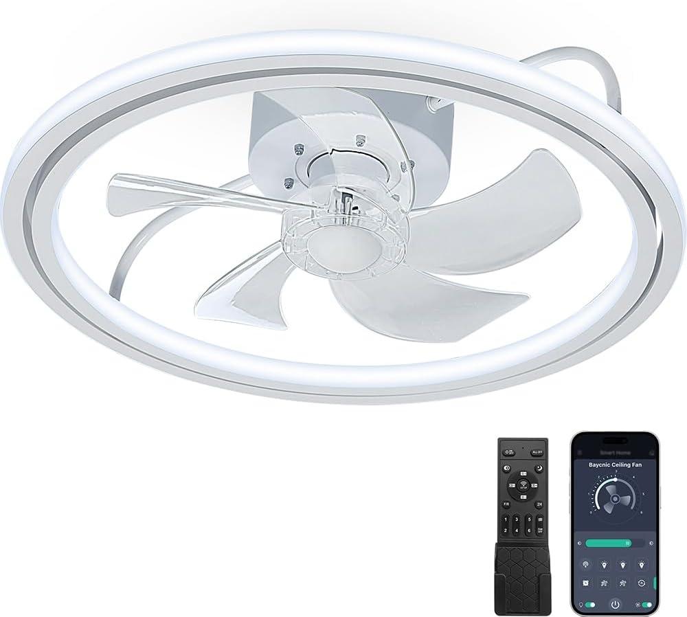 Ceiling Fan with LED Light,Low Profile Ceiling Fans, Flush Mount Modern Ceiling Fans,Fandeliers Ceiling Fan Fixture with App&Remote Control, for Bedroom/Kitchen/Small Room,White