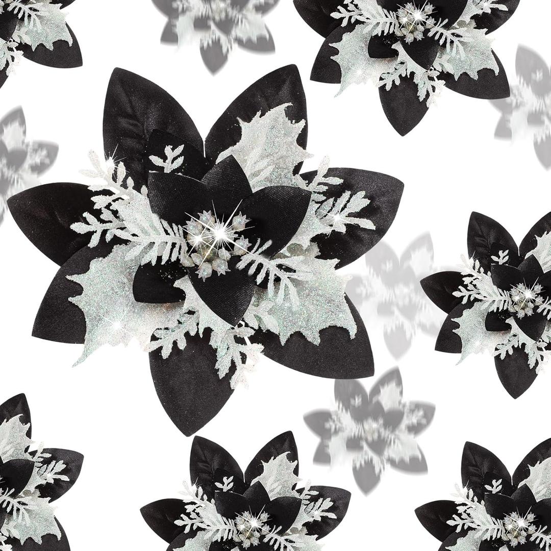 24 Christmas Glitter Artificial Poinsettia Flowers Xmas Poinsettia Artificial Wedding Flowers Decorations Xmas Tree Ornaments with Clips for Party Favors, 6 Inch, 4 Inch, 3 Inch (Black White, Gold)