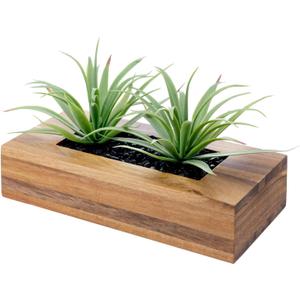 MyGift 10 Inch Artificial Green Grass Plants in Deluxe Acacia Solid Wood Decorative Planter Pot, Faux Greenery in Rectangular Wooden Container (9.5 Inch, Brown)