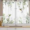 Eucalyptus Green Leaves Kitchen Curtain Rod Pocket 27.5W X 39L Inch 2 Panel Sage Green Leaf Watercolor Floral Hummingbird Small Short Cafe Tier Curtain Plant Window Drape Treatment Home Decor