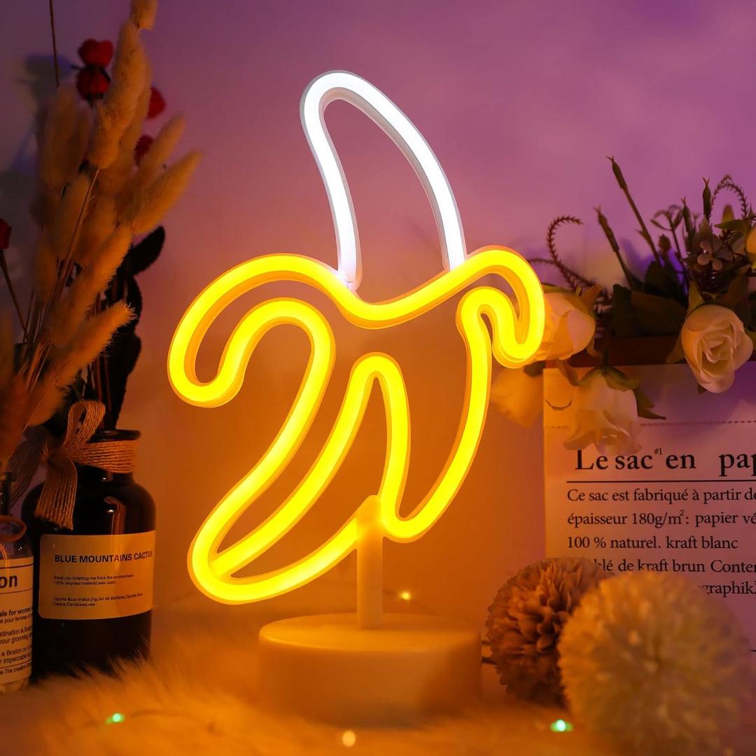 Banana Neon Sign Light, WIOSOUL Banana LED Light with Base for Table Decor LED Lamp USB/Battery Powered Fruit Neon Art Sign for Man Cave Birthday Party Wedding Cafe Bar