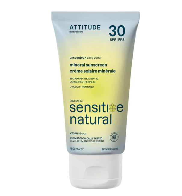ATTITUDE Mineral Sunscreen for Sensitive Skin, EWG Verified, Broad Spectrum UVA/UVB, Dermatologically Tested, Plant and MineralBased Formula, Vegan, SPF 30, Unscented, 5.2 Oz