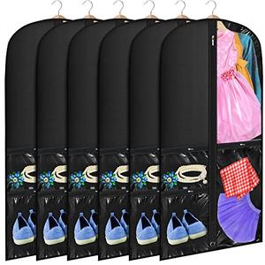 Woanger 6 Pcs Garment Bags for Dance Costumes Clear PVC with Zippers Garment Bag with Pockets Dance Costume Organizer Carrier for Storage Cover for Adult(Black,20'' X 40'')