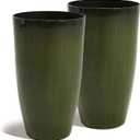 Worth Garden 23.5" H. Large Plastic Planters - Set of 2 Gradient Green Glossy Smooth Finish - Tall Plant Pots for Indoor & Outdoor Use - Decorative Lightweight Flower Pots for Front Porch, Patio, Deck
