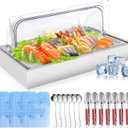 Ice Food Serving Display Tray, Portable Salad Bar Buffet Station for Home, Cold Food Buffet Server with Clear Roll Top Cover, Chilled Serving Trays for Parties, Hotel Kitchen,3 Ice Packs, 1 x 1 Pan