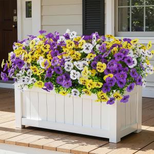 Alupssuc 48 Bundles Artificial Flowers for Outdoors, Fake Spring Flowers for Decoration, UV Resistant Realistic Pansies with Eucalyptus Silk Faux Flowers for Porch Patio Yard, Purple Yellow White