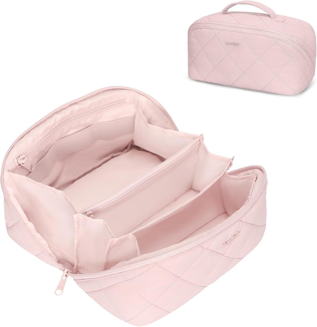 Hynes Eagle Travel Makeup Bag for Women Puffy Cosmetic Organizer Pouch Open Flat Toiletry Bag for Toiletries, Brushes Pink