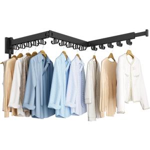 Clothes Drying Rack, Wall Mounted Laundry Drying Rack, Upgrade 3-Fold Foldable Collapsible Retractable Clothing Drying Rack with 12 Dual Hooks Organization for Laundry Room Indoor- Black