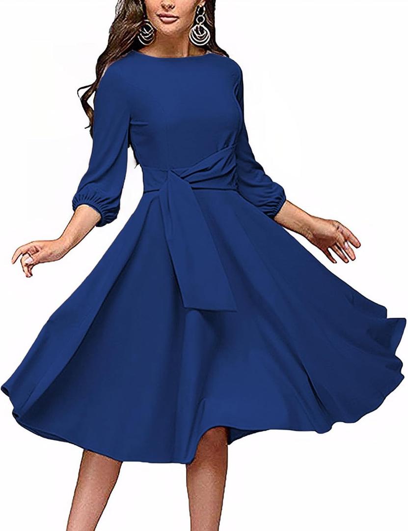 FENJAR Women's Formal Dresses Casual Wedding Guest Church Work Elegance Audrey Hepburn Style A-line Midi Dress (S)