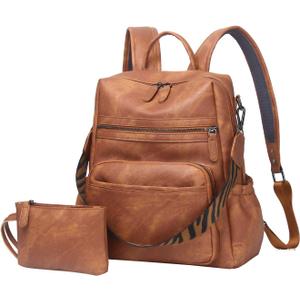 Women Backpack Purse Bag PU Leather Travel Backpack Purse for Women Ladies Shoulder Bags Satchel Handbag 2 Piece Brown