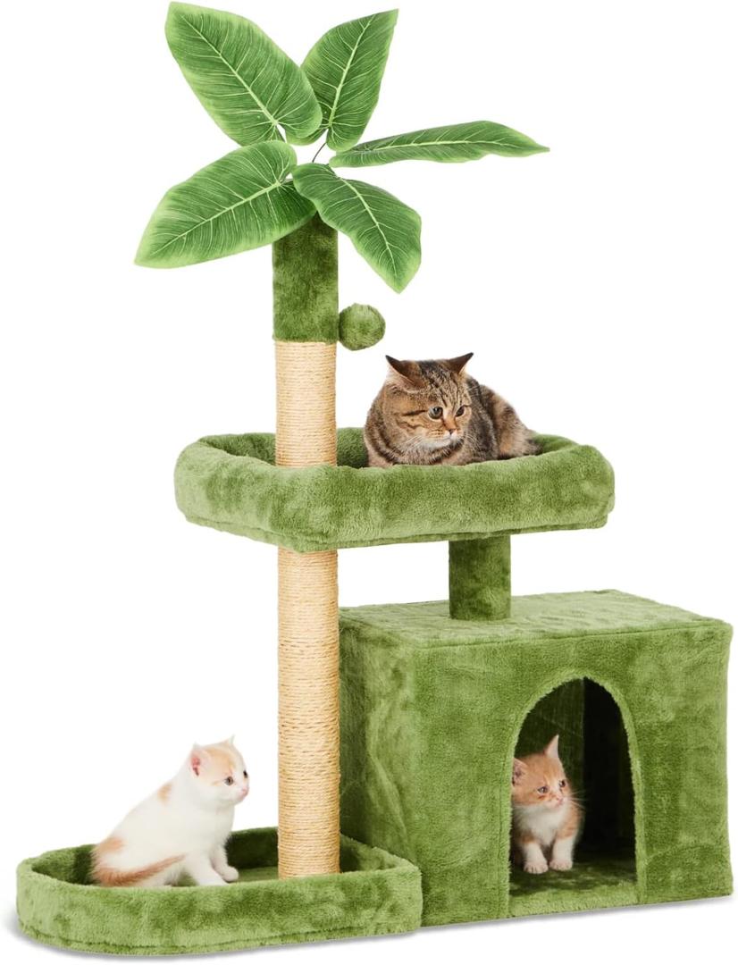 31.5" Cat Tree Tower for Indoor Cats with Green Leaves, Cat Condo Cozy Plush with Hang Ball and Leaf Shape Design, Cat Furniture Pet House with Scratching Posts, Green