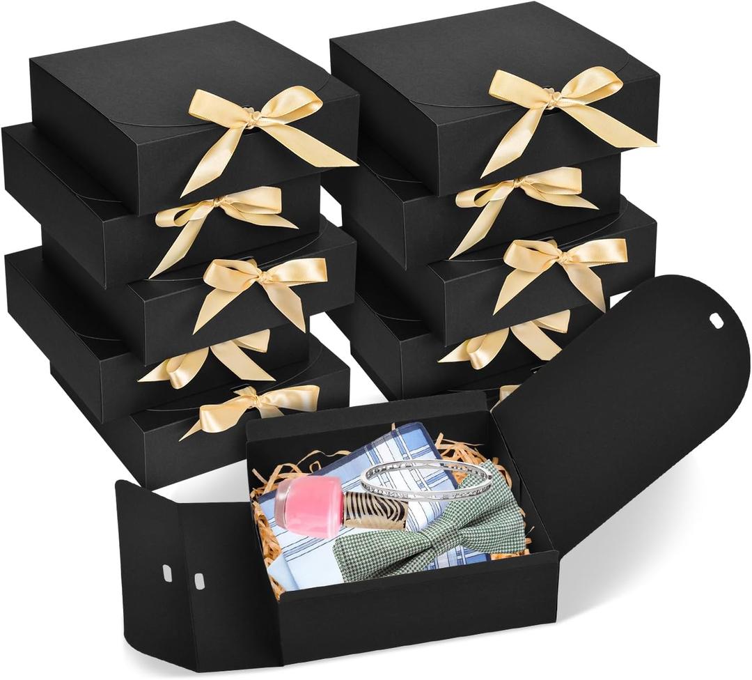 10pack Gift Boxes with Lids, 6.5''x6.5''x2'' Black Gift Boxes For Presents, Paper Boxes Gift Boxes with Ribbon for Birthday Wedding Party Chocolate Candy