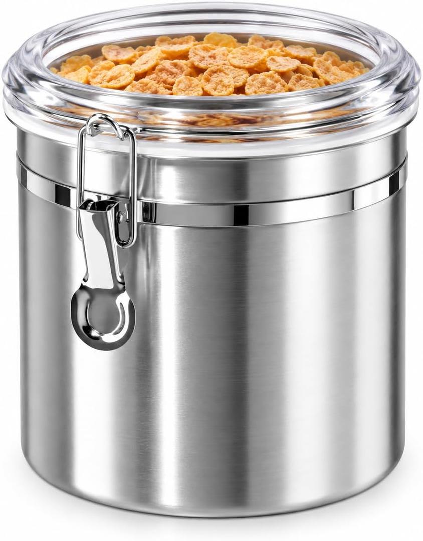 Oggi Stainless Steel Kitchen Canister 152 fl oz - Airtight Clamp Lid, Clear See-Thru Top - Ideal for Kitchen Storage, Food Storage, Pantry Storage. Jumbo Size 8" x 8"., 152 Fluid Ounces