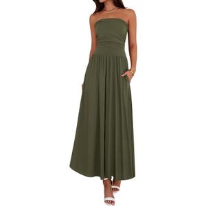 BTFBM Summer Maxi Dresses for Women 2025 Strapless Ruched Tube Top Flowy Beach Vacation Wedding Guest Fall Dress Pockets (Small, Army Green) BTFBM Summer Maxi Dresses for Women 2025 Strapless Ruched Tube Top Flowy Beach Vacation Wedding Guest Fall Dress Pockets (Small, Army Green)