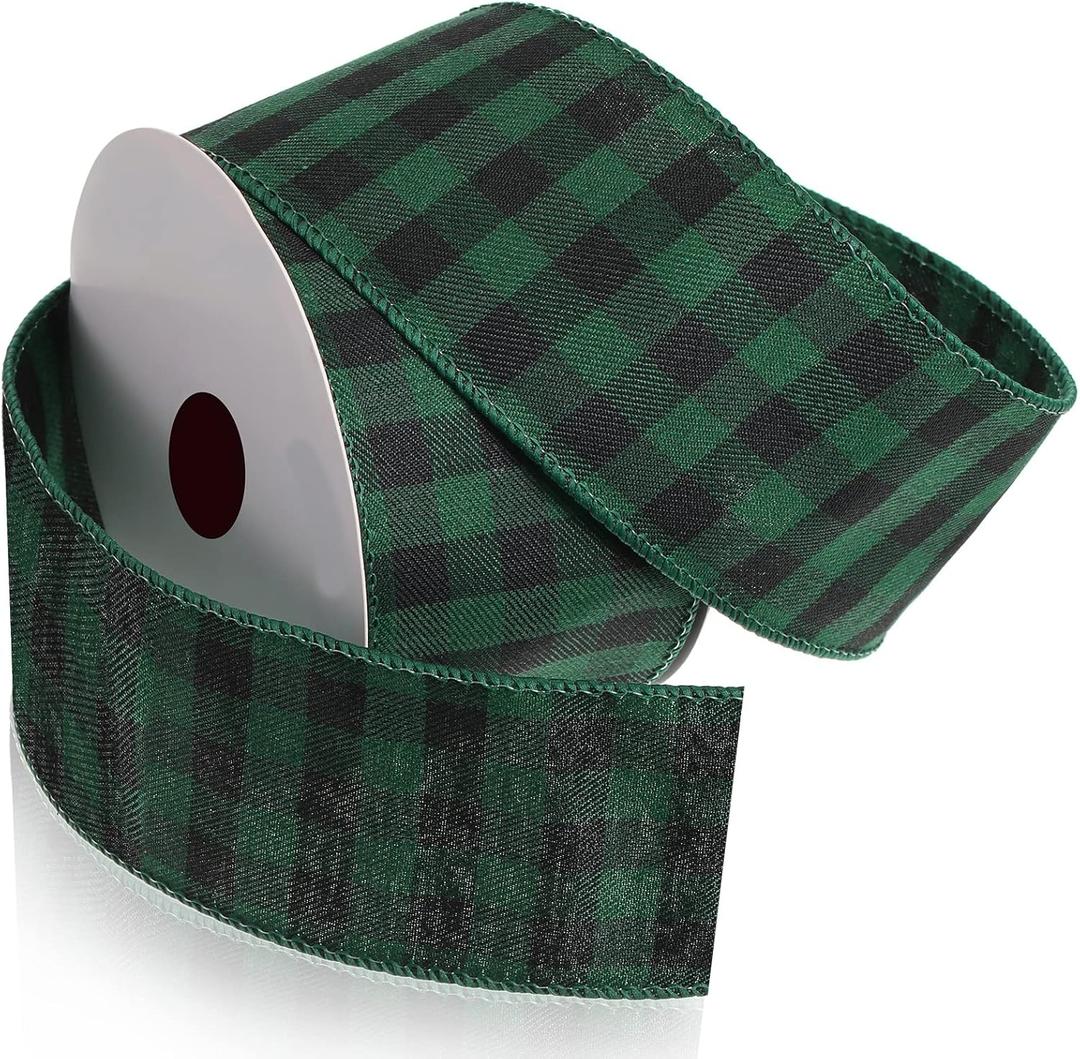 15 Yard Plaid Check Wired Edge Ribbon Buffalo Plaid Ribbon Burlap Ribbon for Christmas Big Bow Wreath Tree Decoration Outdoor Decoration (Black Green, 2.5 Inch Wide)