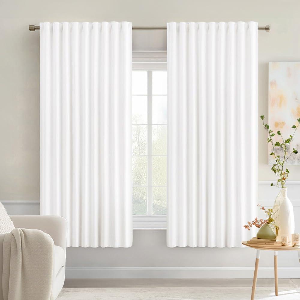 MIULEE Pure White Back Tab Light Blocking Curtains 63 Inch Length 2 Panels Set for Living Room Bedroom Privacy, Rod Pocket/Pinch Pleat Thermal Insulated Room Darkening Pleated Blackout Drapes