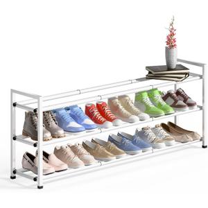 Bumusty 3-Tier Long Expandable Shoe Rack for Closet, 18"-44" Adjustable Shoe Rack for Entryway, 15-18 Pairs Large Shoe Organizer Shelf Storage, Sturdy Metal