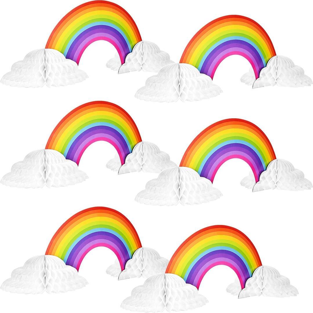 WILLBOND 6 Pieces Rainbow Honeycomb Paper Centerpiece Rainbow Party Table Decoration Cloud No Crease Converting Centerpieces for Tables Christmas Birthday Party