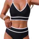 ZAFUL Women's High Waisted Tankini Scoop Neck Knotted Two Pieces Tankini Set Swimsuit (Black, M)