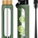 32 oz Glass Water Bottles - 1 Liter Motivational Tumbler With Time Marker - Borosilicate Glass With Silicone Sleeve and 2 Lids, Handle Spout & Bamboo Straw Lid (Olive)