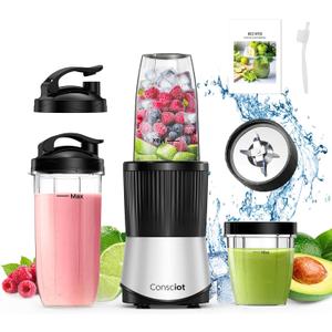 Consciot CB08 11-Piece Blender for Kitchen and Personal Size, Blend Shakes and Smoothies, Frozen Drinks, Baby Food, Spreads & More, 3 Portable To-Go Cups & 2 Spout Lids & 1 Solid Lid, 900 Peak Watts