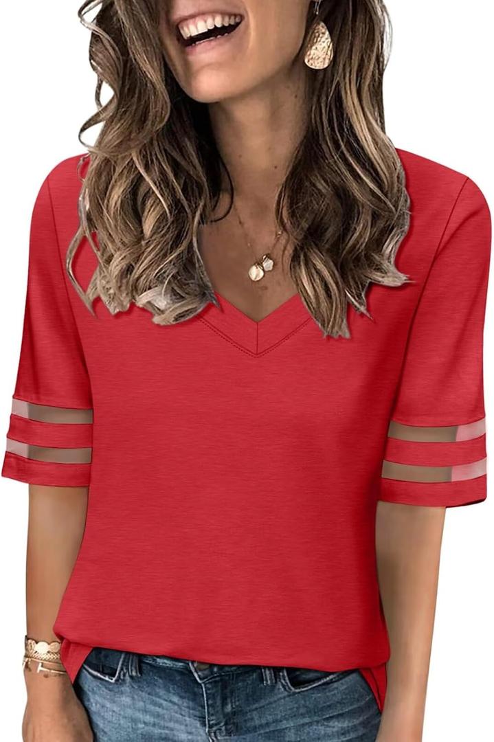 TICTICMISS Women's V Neck T Shirts Mesh Panel Short Sleeve Tops Casual Summer Tees (Red, M)