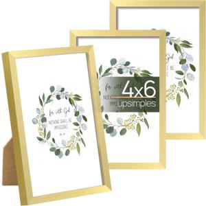upsimples 4x6 Picture Frame Set of 3, Made of High Definition Glass for 4 x 6 Gold Frames, Wall and Tabletop Display Thin Border Photo Frame for Home Dcor