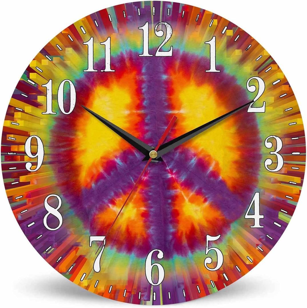Mxocom Tie Dye Peace Sign Wall Clock Abstract Colorful Vibrant Hipple Symbol 10 Inch Silent Non Ticking Battery Operated Clock Vintage Round Clock for Living Room Bedroom Bathroom Office Decor