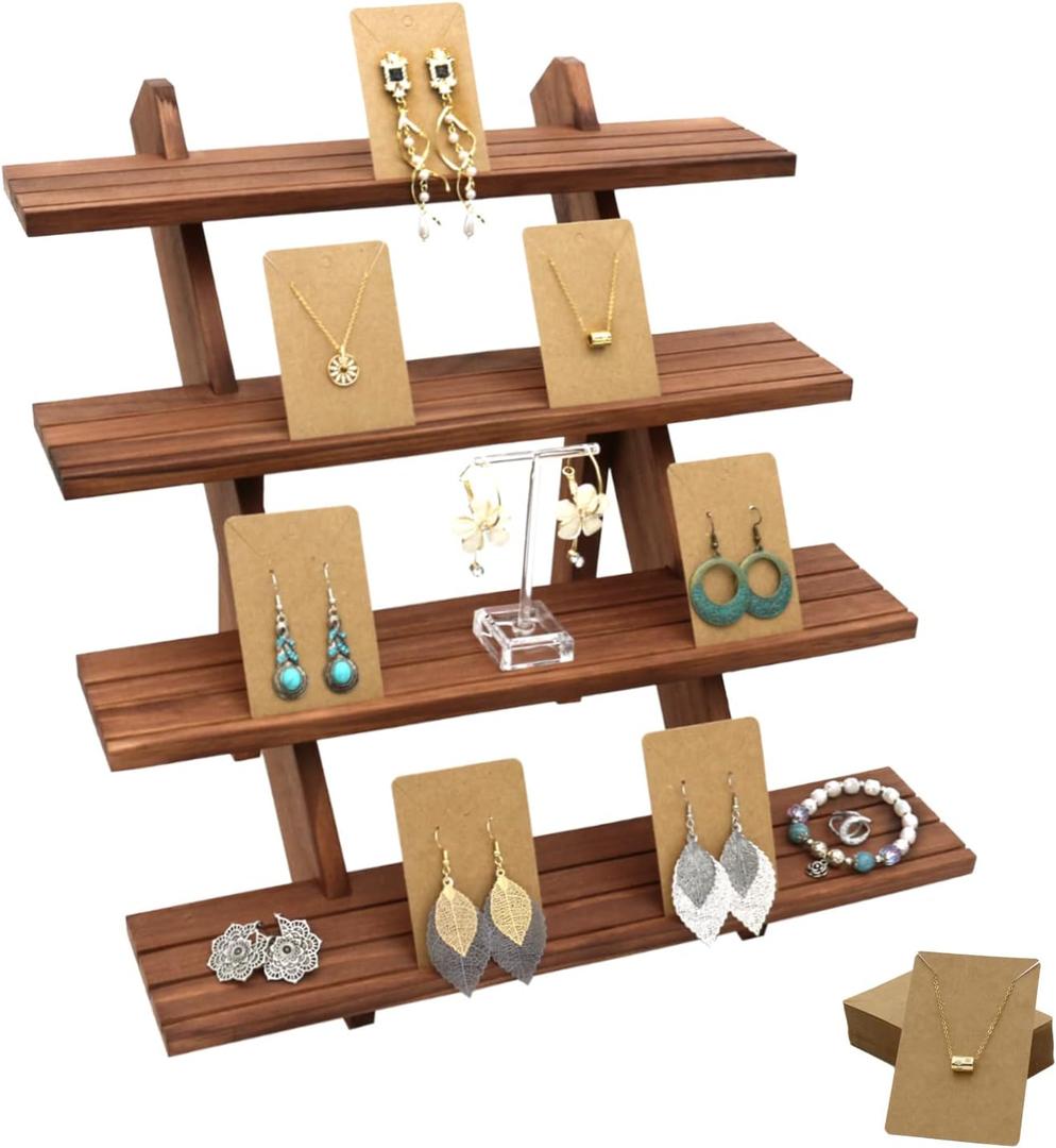 51pcs 4-Tier Wood Earring Display Stand, Retail Display Riser Earring, Ring Holder Stand, Removable Countertop Small Merchandise Display Stand with 50 Pcs Earring Card (Light brown)