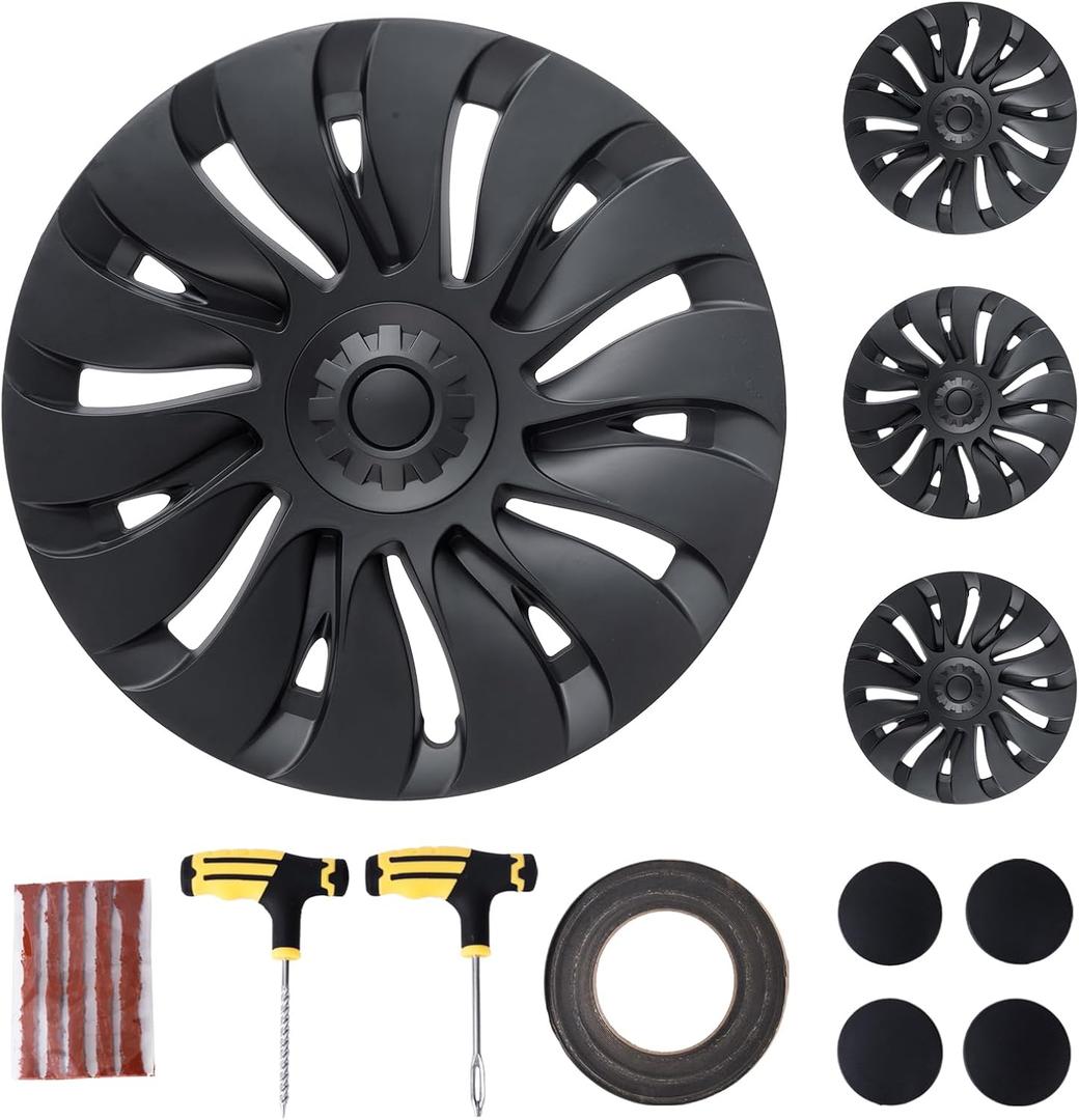 Tesla Model Y Wheel Covers 19 Inch 2020-2024 Uberturbine Tesla Model Y Uberturbine Hubcaps Left-Right Aero Symmetry, Matte Black, Wind Drag Reduction Model Y Accessories with Tire Repair Kit (4 Pack)
