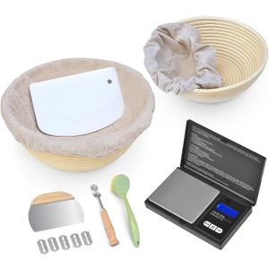 Sourdough Bread Proofing Basket, Set of 2, 9 Inch and 10 Inch Round Banneton with Digital Scale, Bench Scrapers, Scoring Lames for Sourdough Starter Kit